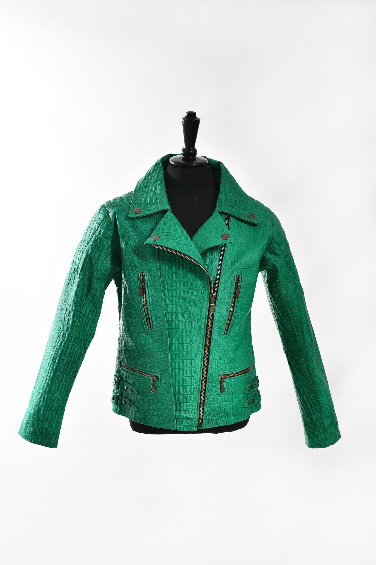 Kids Green Crocodile-Embossed Moto Jacket – Bold Emerald with Classic Zipper Details