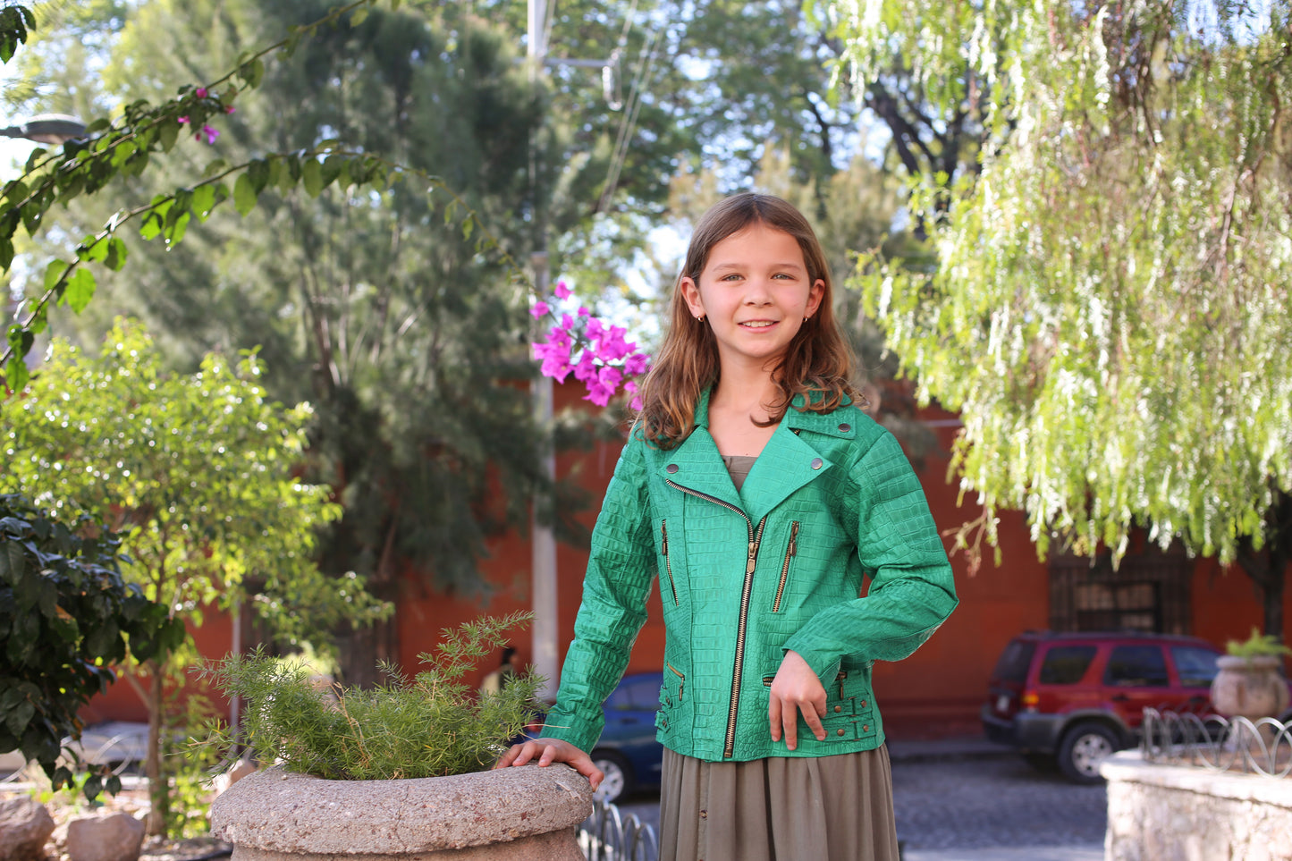 Kids Green Crocodile-Embossed Moto Jacket dallas