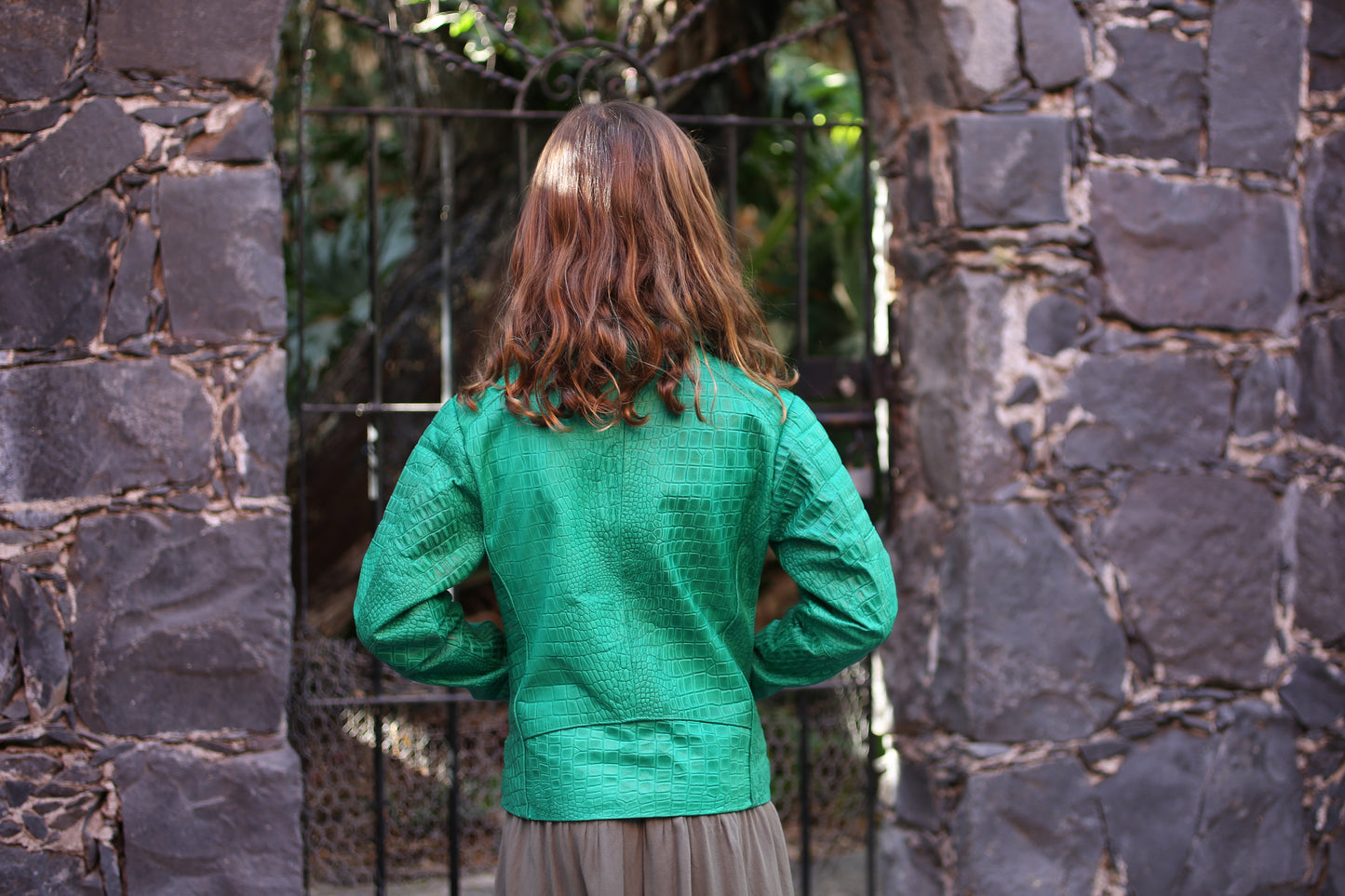 Kids Green Crocodile-Embossed Moto Jacket los angeles