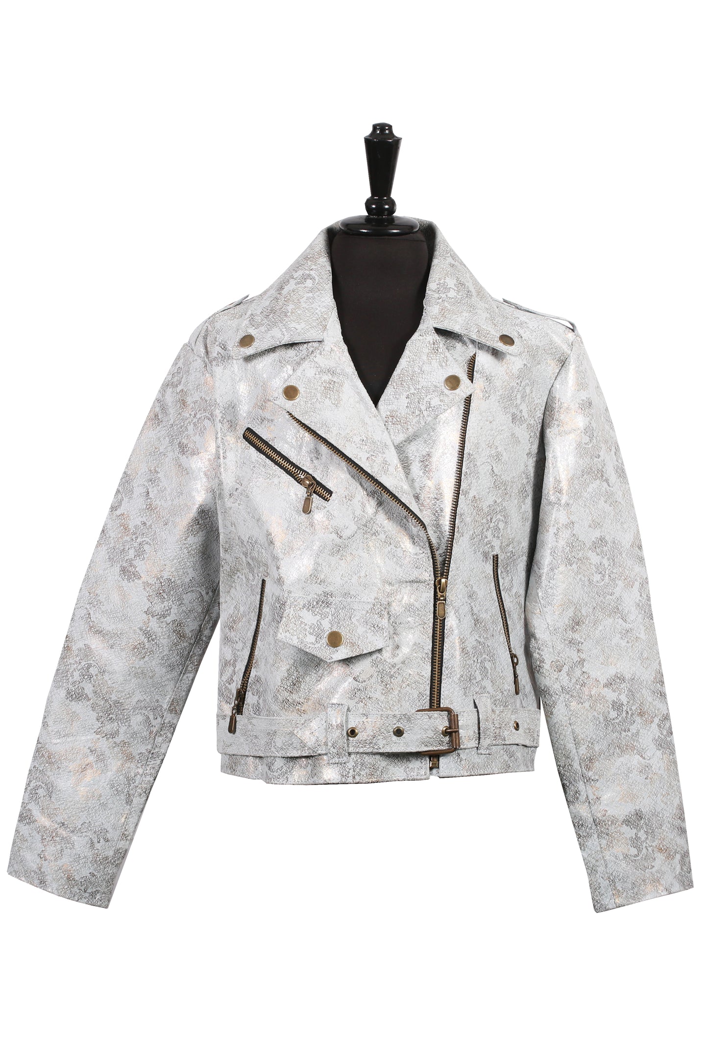 Kids Light Metallic Leather Jacket – Delicate Lace-Pattern Design