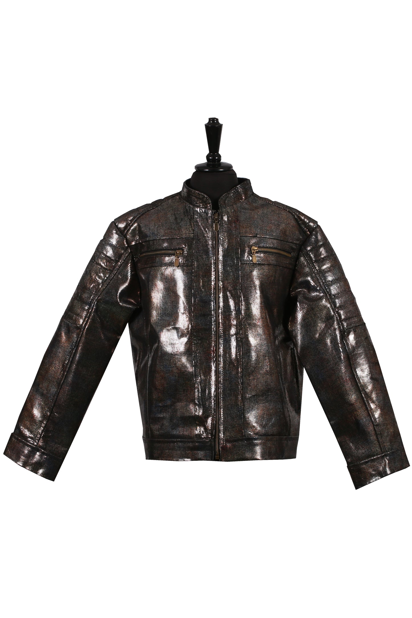 Kids Metallic Coated Leather Jacket – Black & Bronze Moto Style