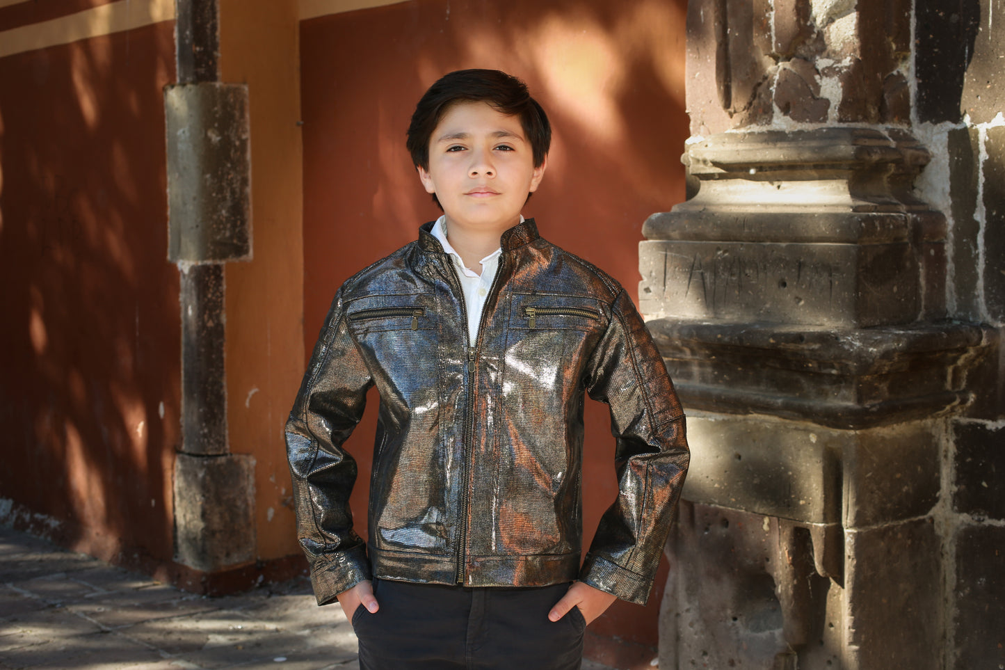 Kids Metallic Coated Leather Jacket – Black & Bronze Moto Style dallas