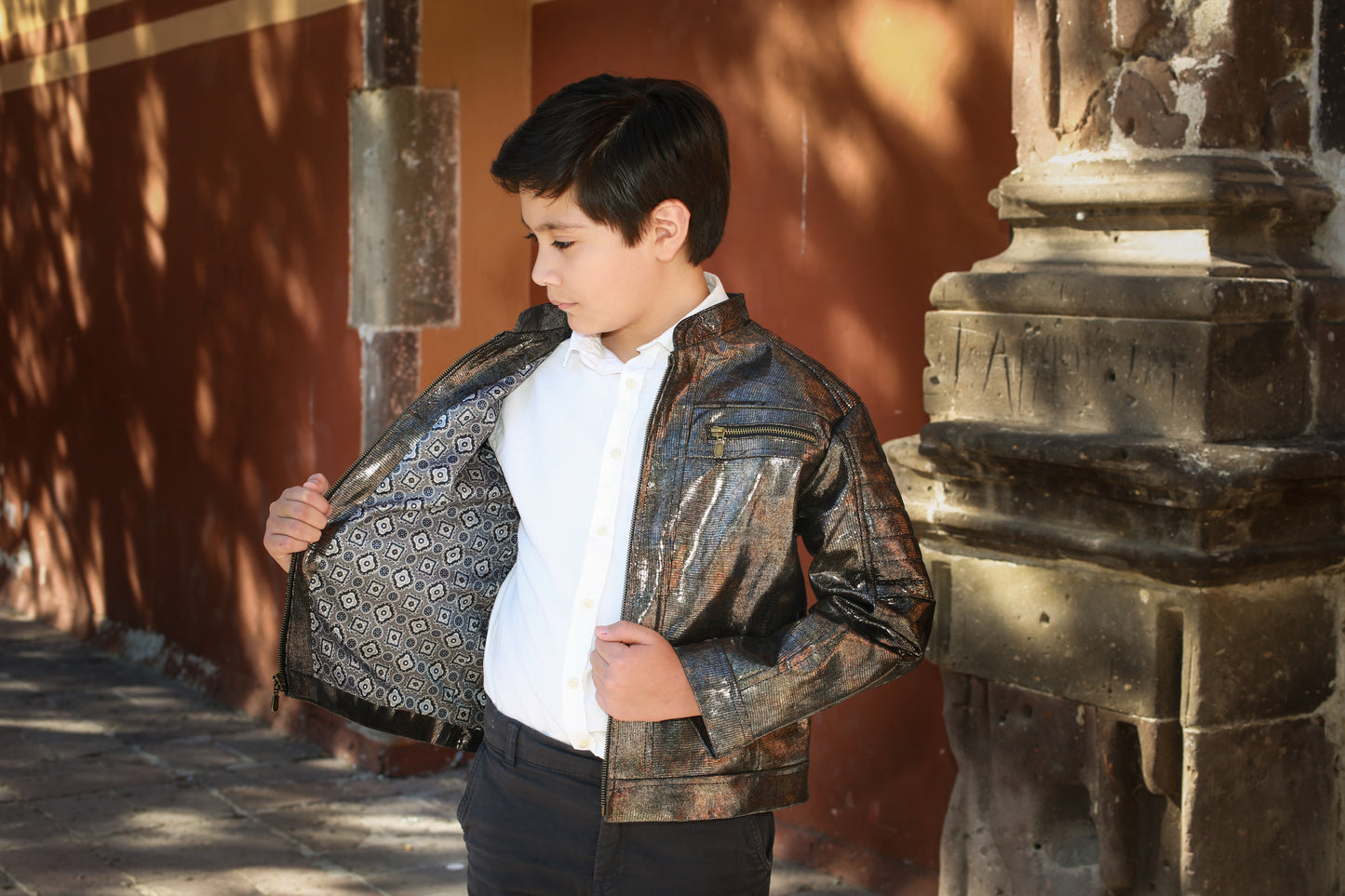 Kids Metallic Coated Leather Jacket – Black & Bronze Moto Style denver