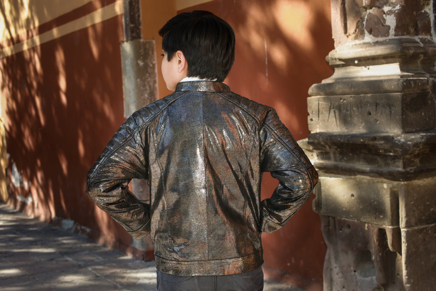 Kids Metallic Coated Leather Jacket – Black & Bronze Moto Style toronto