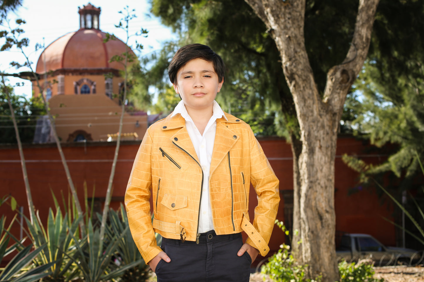 Kids Yellow Crocodile-Embossed Leather Biker Jacket san antonio
