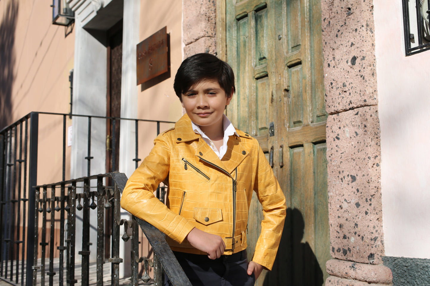 Kids Yellow Crocodile-Embossed Leather Biker Jacket san diego