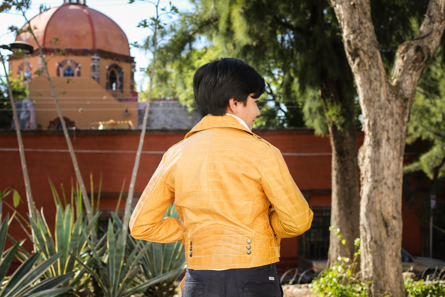 Kids Yellow Crocodile-Embossed Leather Biker Jacket san francisco
