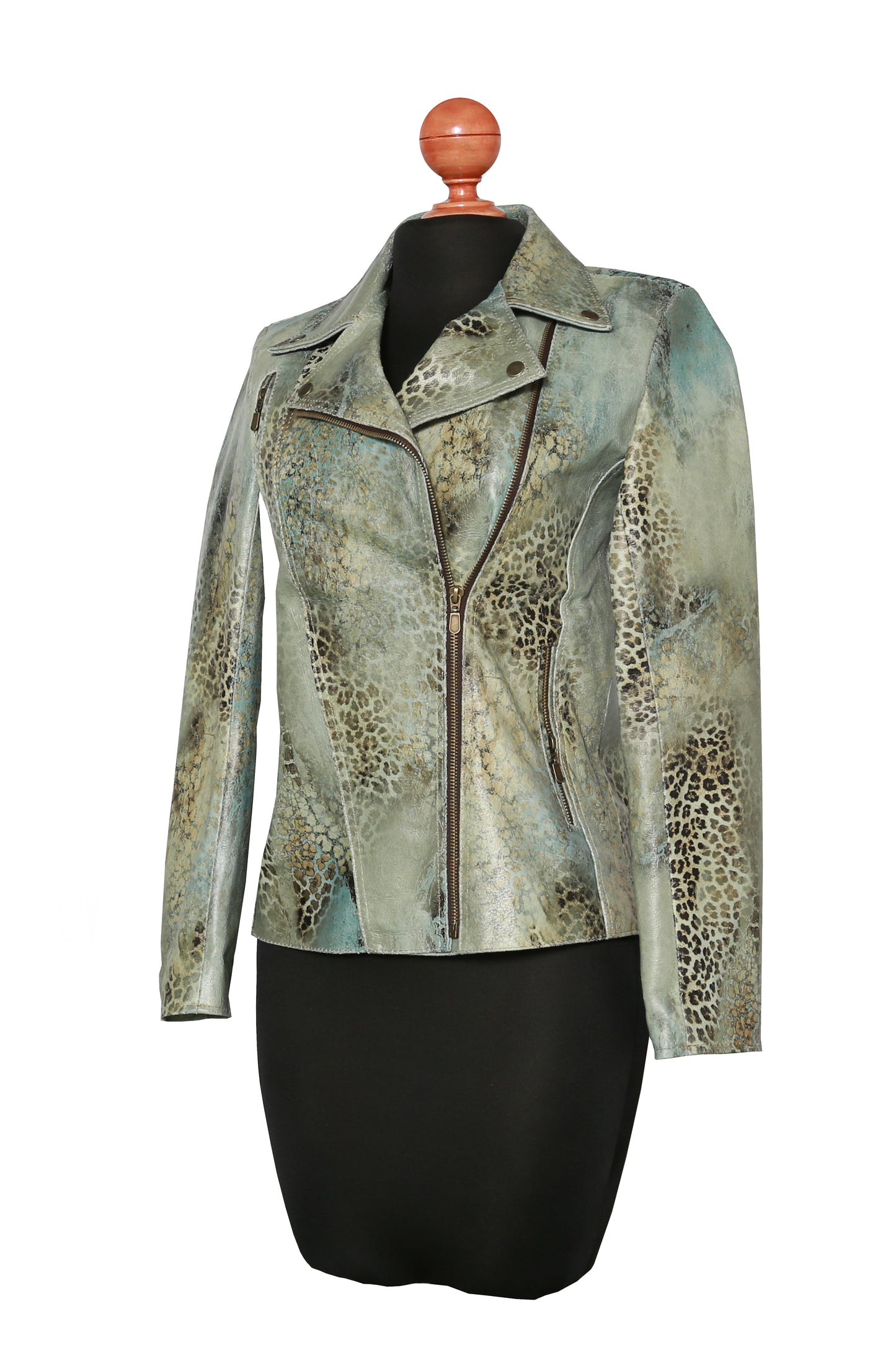 Antique Green Leather Biker Jacket – Subtle Leopard Pattern & Distressed Finish