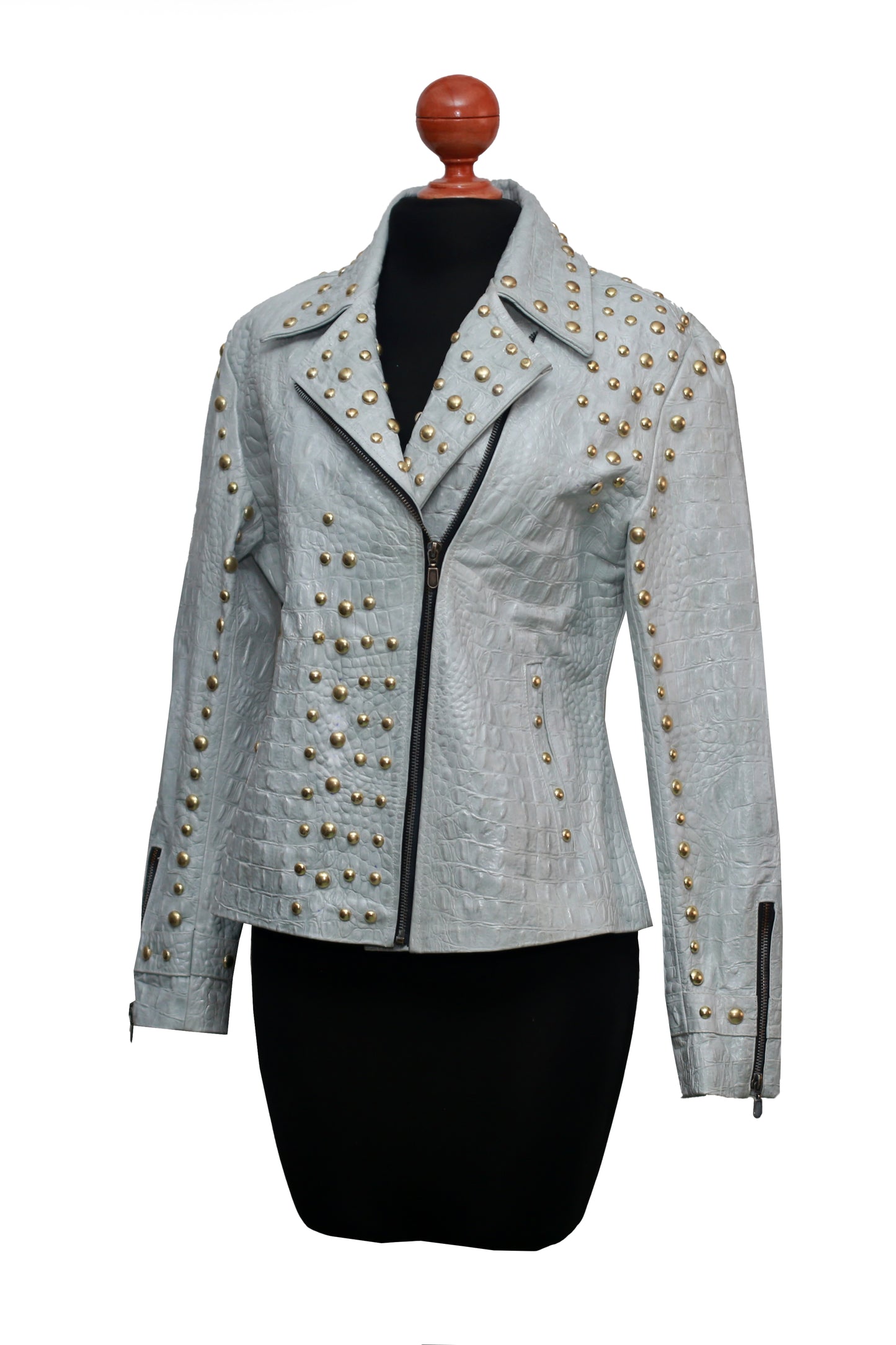 womens Arctic Gray Studded Leather Biker Jacket dallas