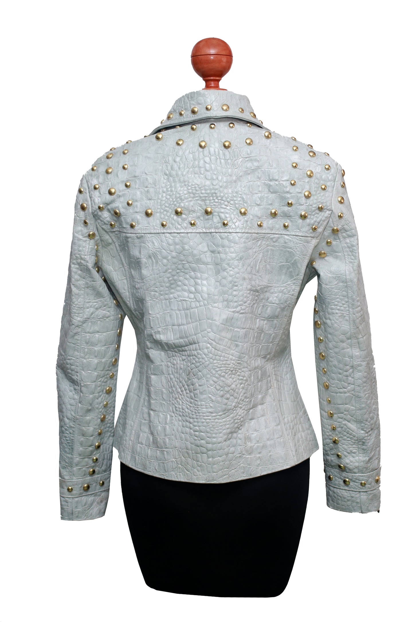Arctic Gray Studded Leather Biker Jacket – Crocodile Embossed with Brass Accents