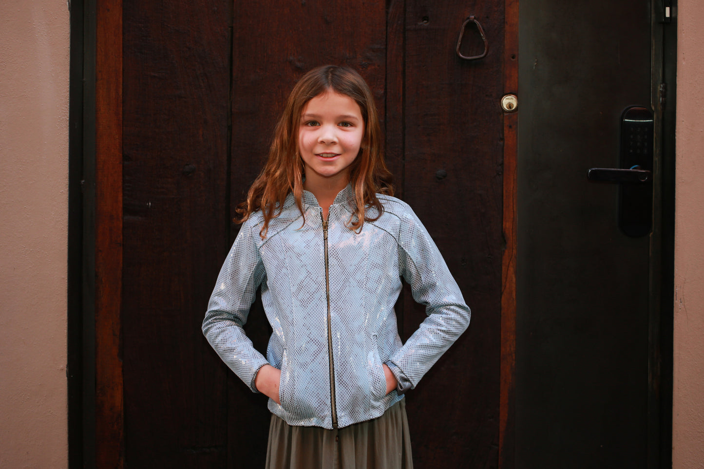 Light Blue Snake-Texture Zip-Up Leather Jacket – Girls houston