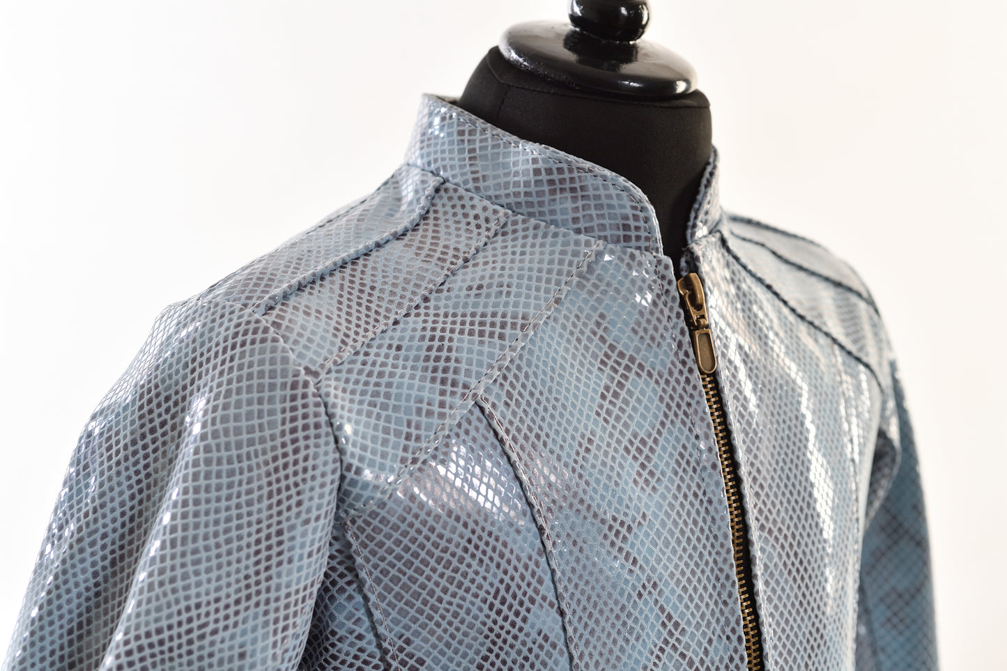 Light Blue Snake-Texture Zip-Up Leather Jacket – Girls new york