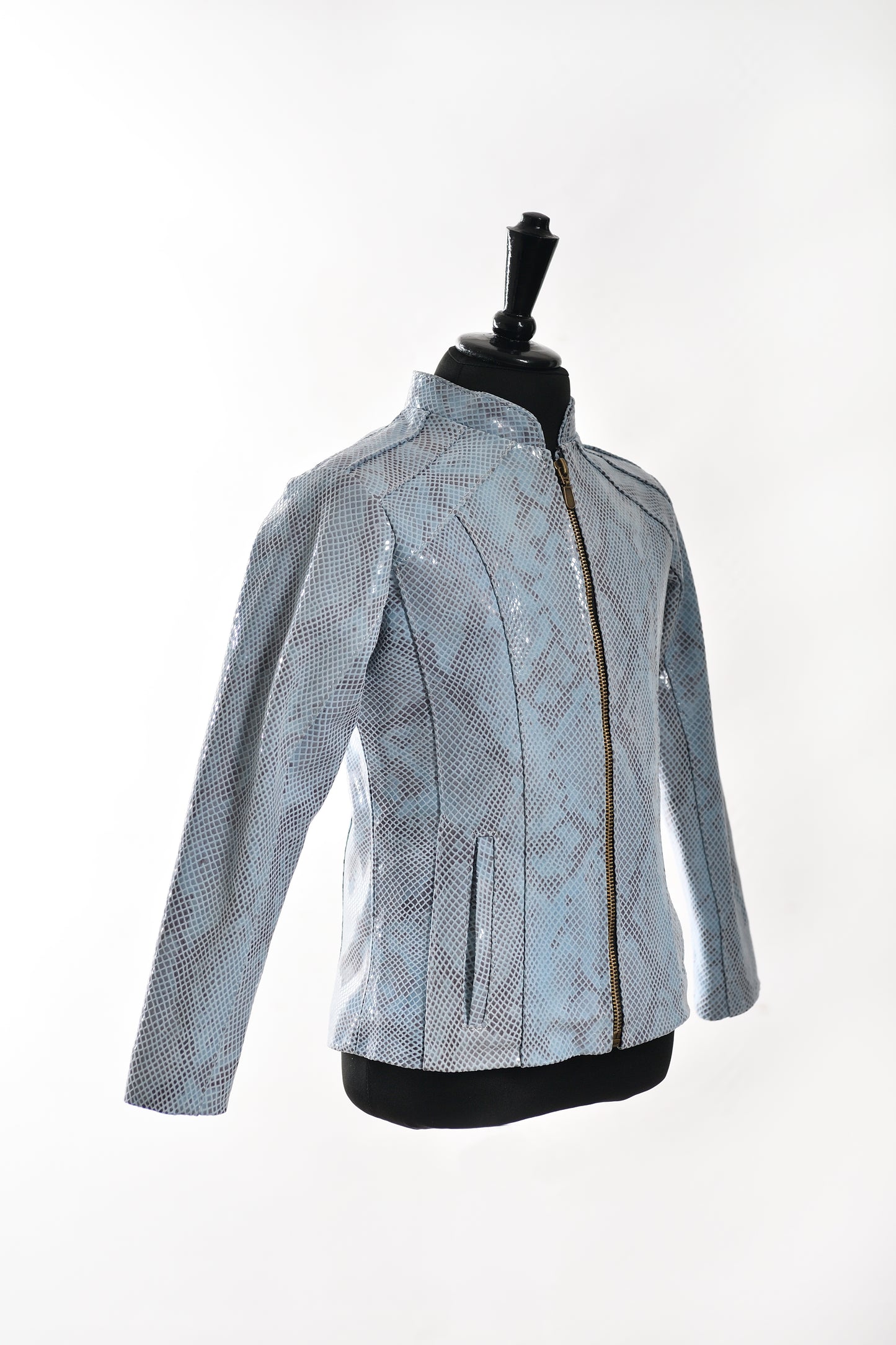 Light Blue Snake-Texture Zip-Up Leather Jacket – Girls texas