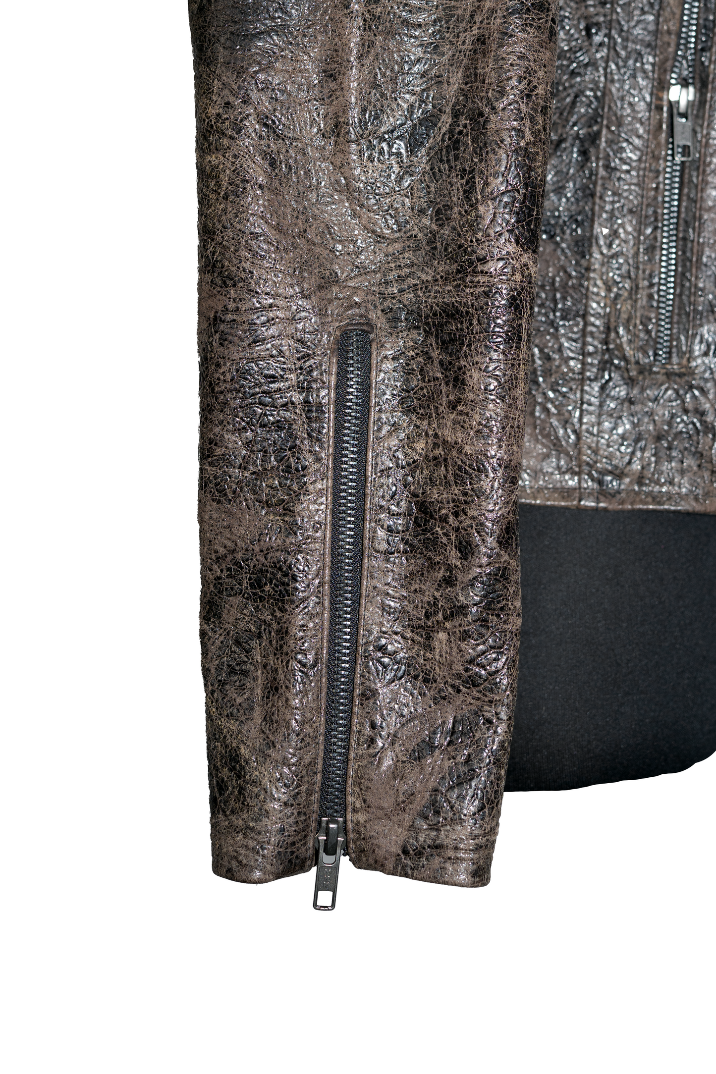 Rustic Charcoal-Brown Leather Moto Jacket,embossed
