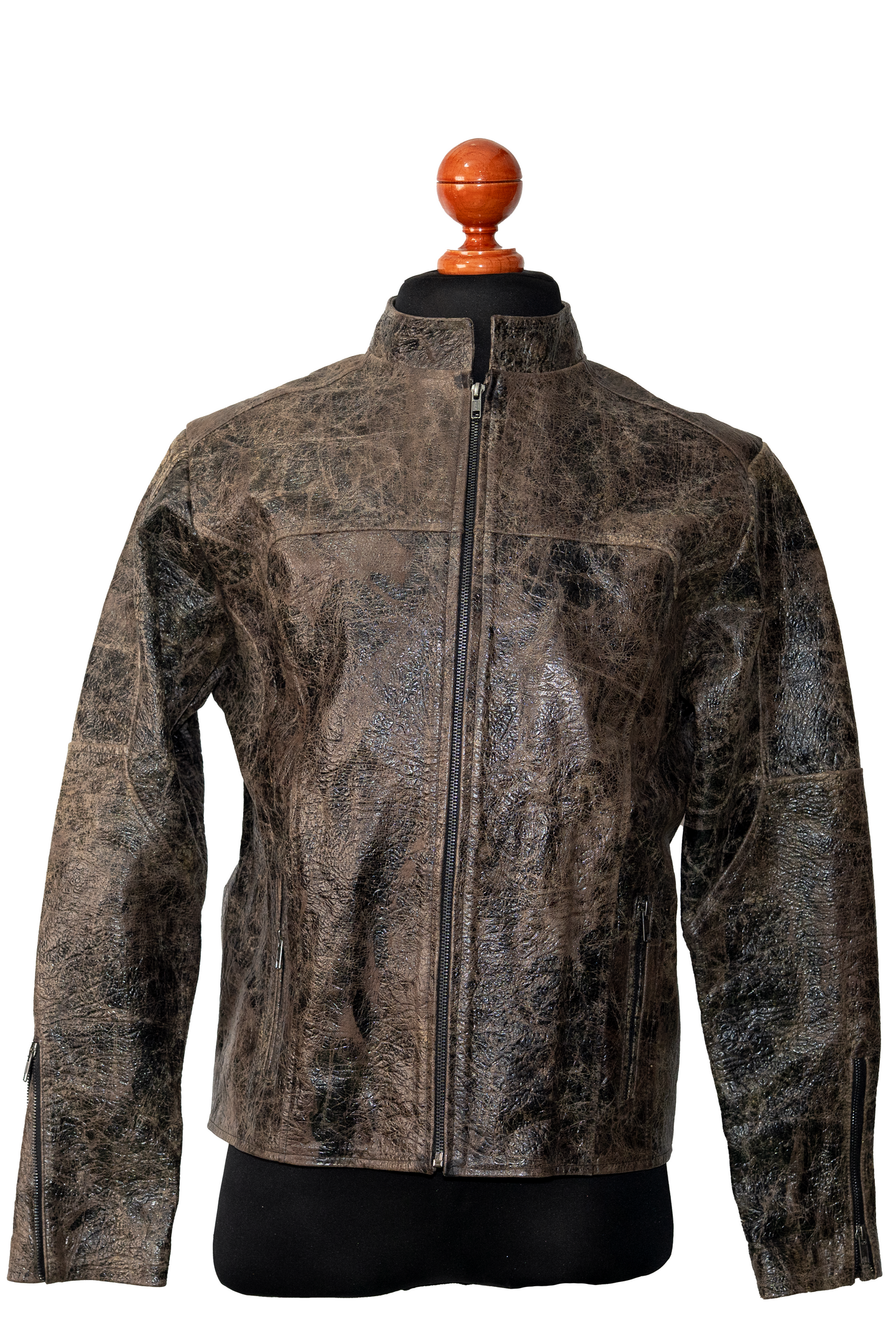 Rustic Charcoal-Brown Leather Moto Jacket,embossed