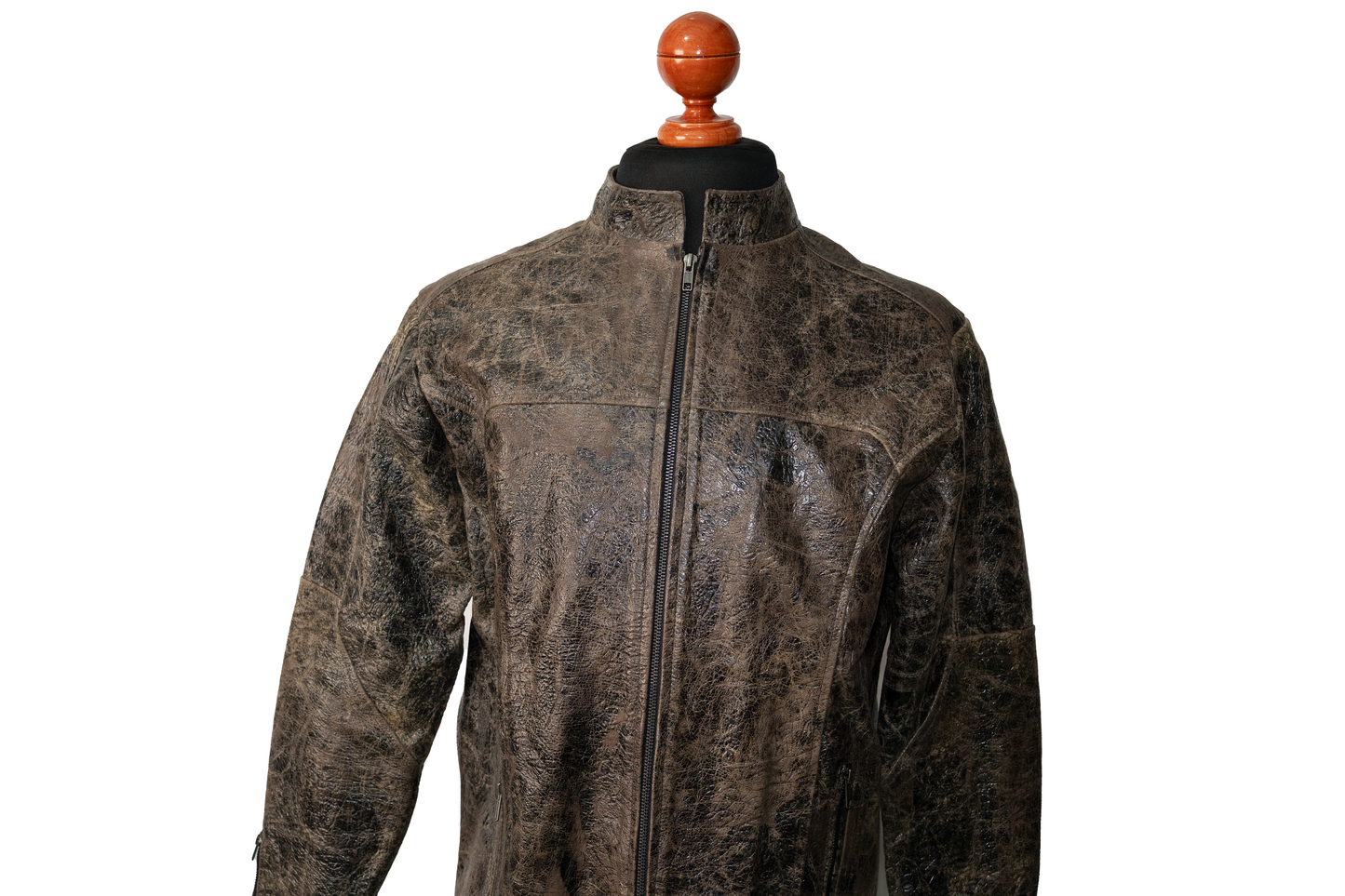 Rustic Charcoal-Brown Leather Moto Jacket,embossed