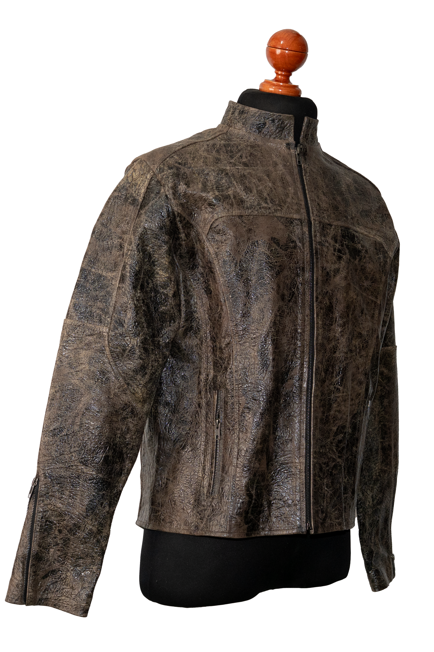 Rustic Charcoal-Brown Leather Moto Jacket,embossed