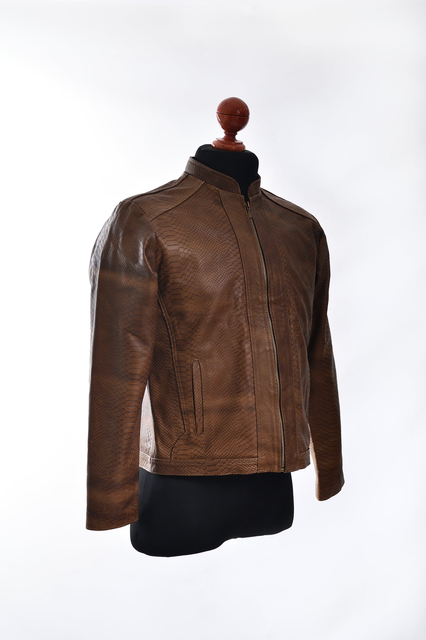 Mens Classic Brown Python-Textured Leather Jacket Exotic