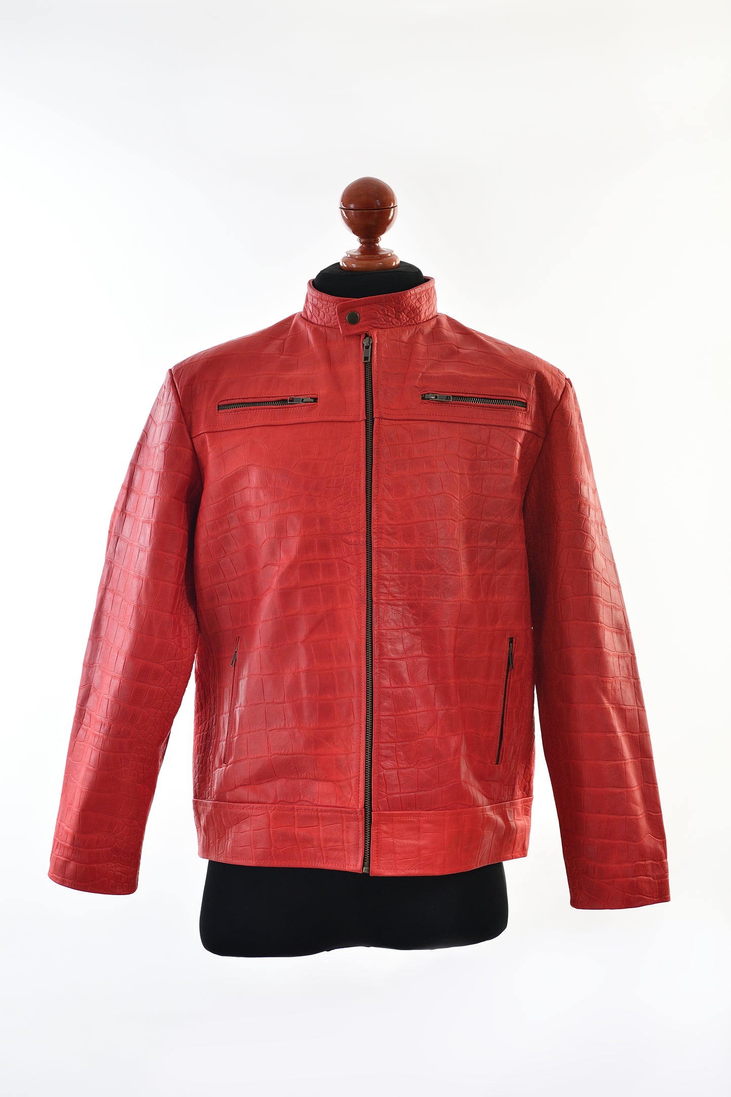 Red Crocodile-Embossed Leather Biker Jacket for Men