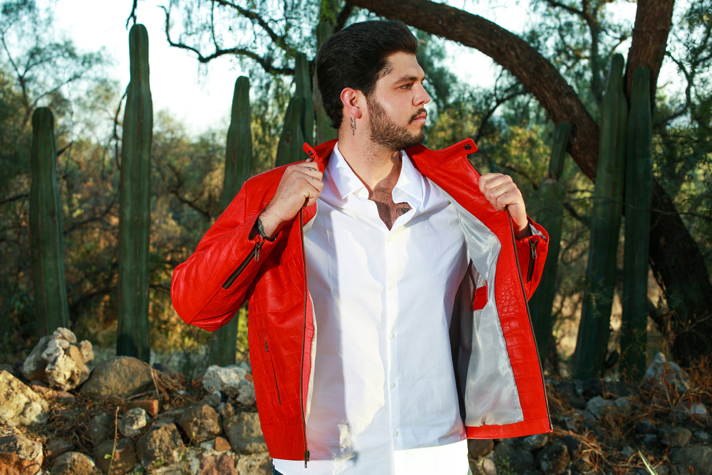 Red Crocodile-Embossed Leather Biker Jacket for Men miami