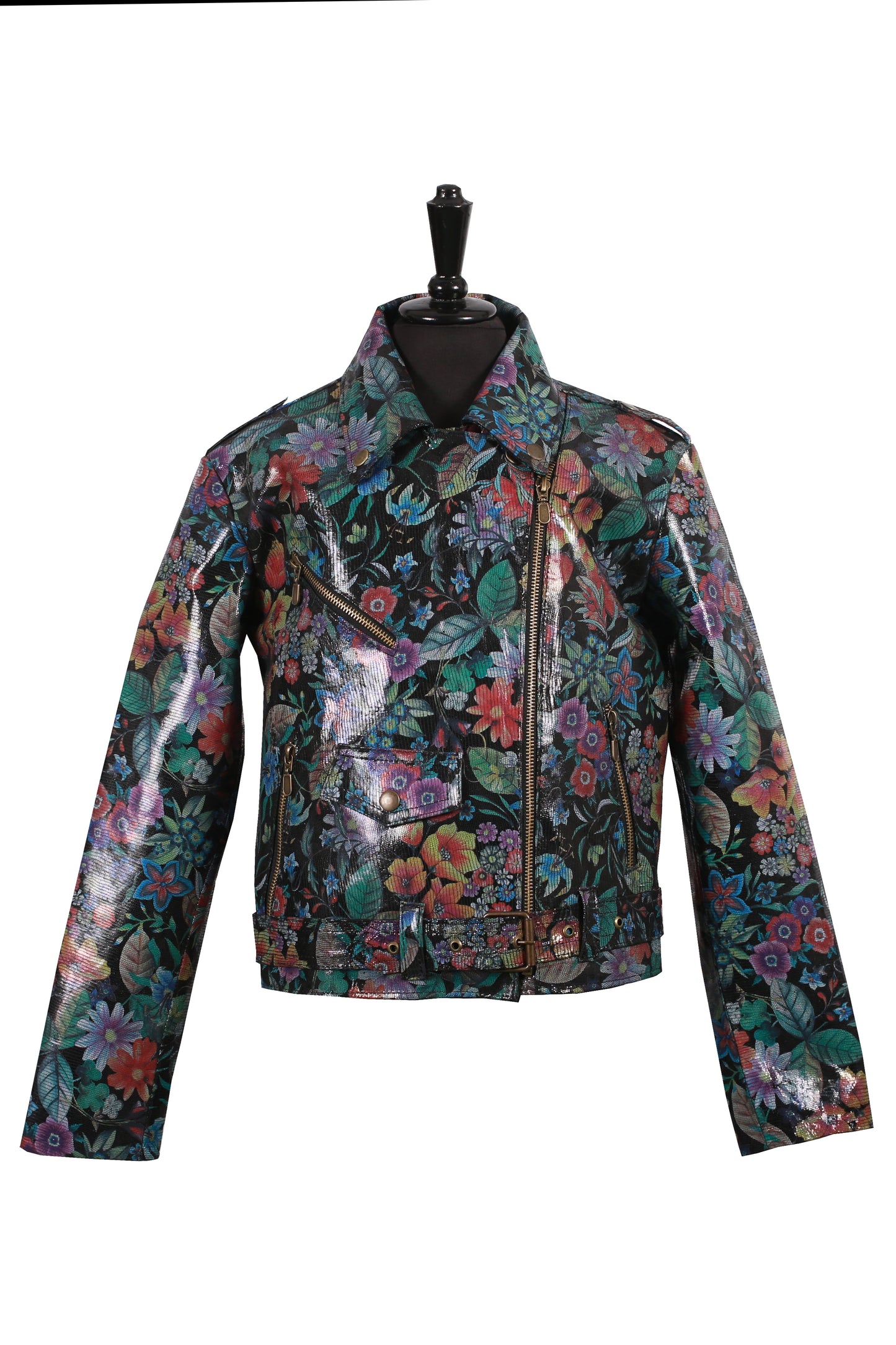 Shiny Floral Print Leather Jacket for Kids – Glossy Botanical Moto Style