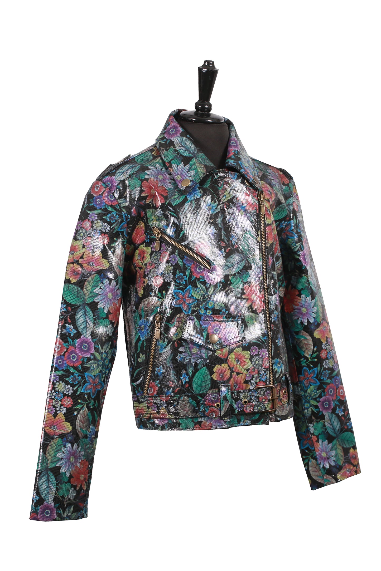 Shiny Floral Print Leather Jacket for Kids – Glossy Botanical Moto Style near me