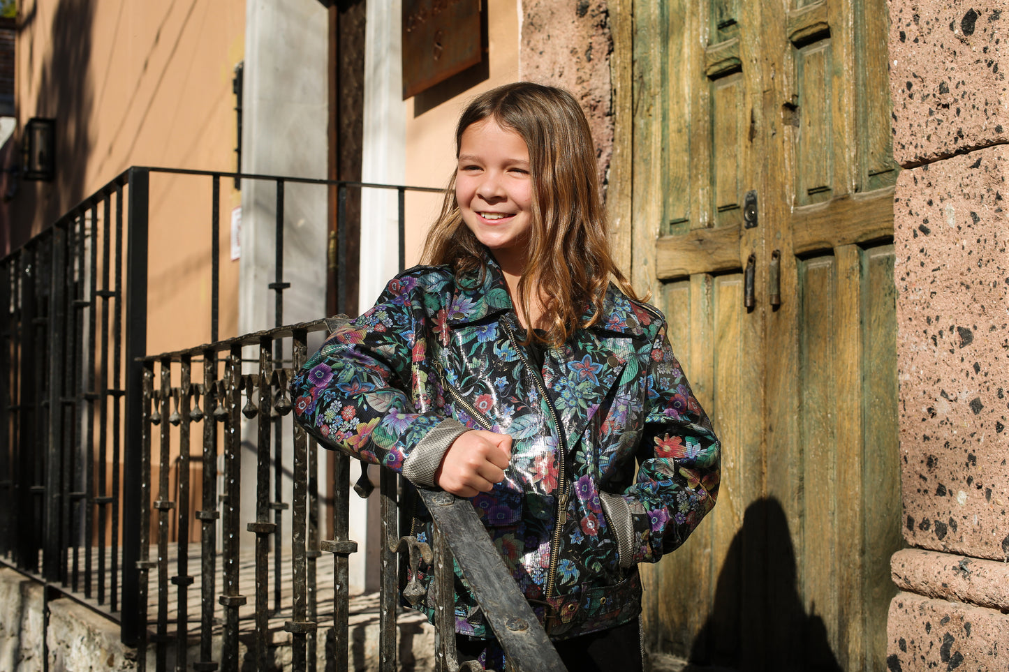 Shiny Floral Print Leather Jacket for Kids denver