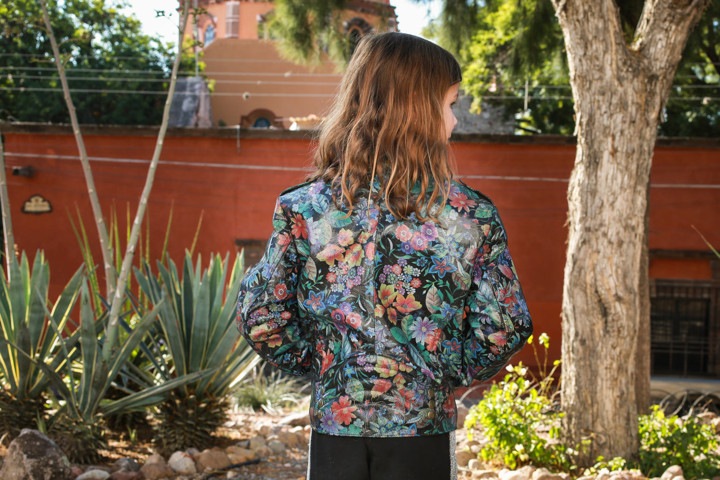 Shiny Floral Print Leather Jacket for Kids miami
