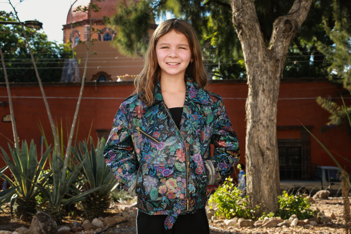 Shiny Floral Print Leather Jacket for Kids new york