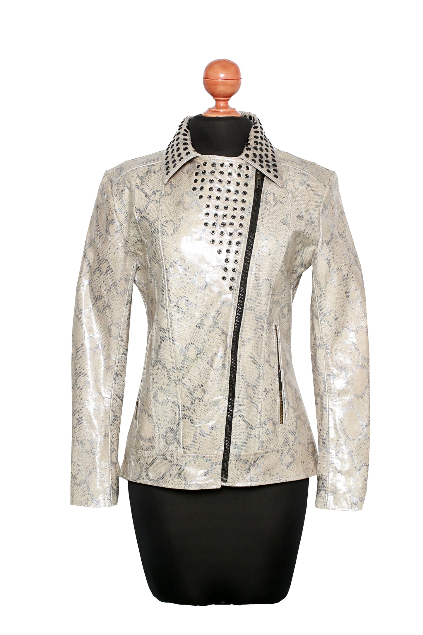Silver Dust Serpent Jacket – High-Gloss Snake Embossed Leather denver