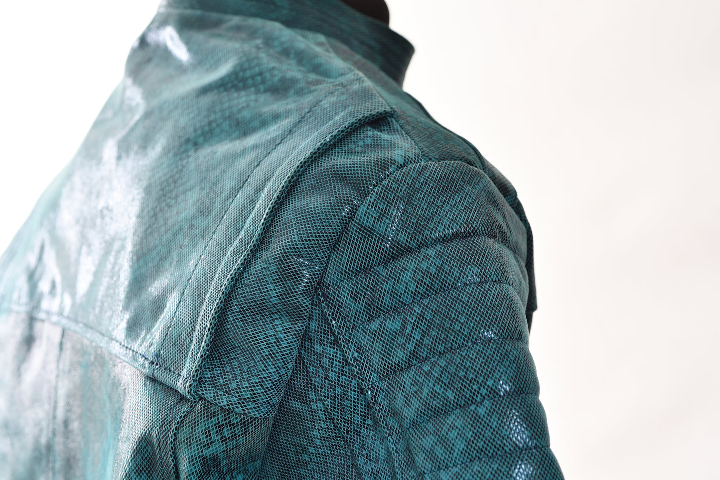 Teal Snake-Textured Leather Moto Jacket for Men dallas