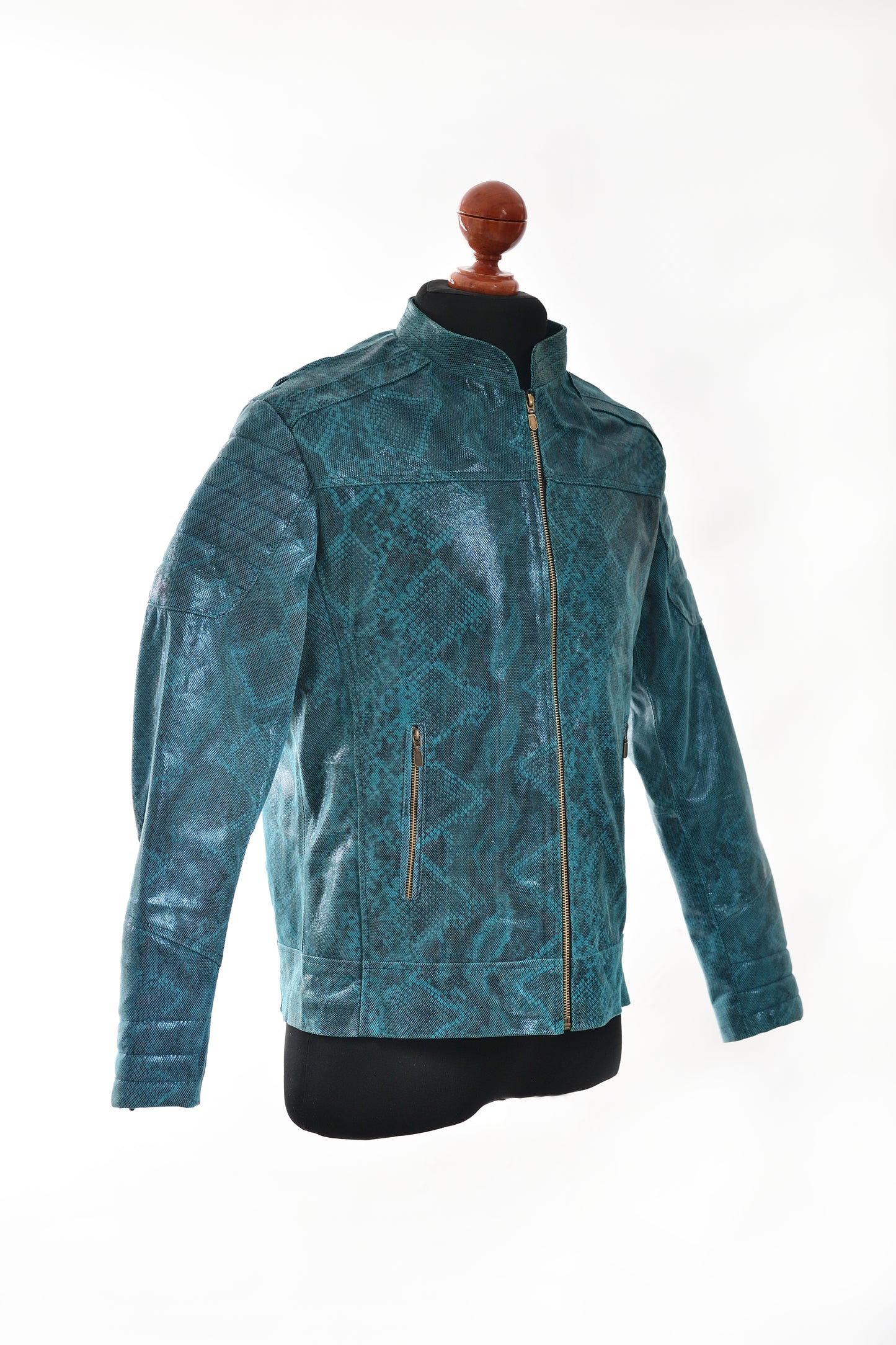 Teal Snake-Textured Leather Moto Jacket for Men near me