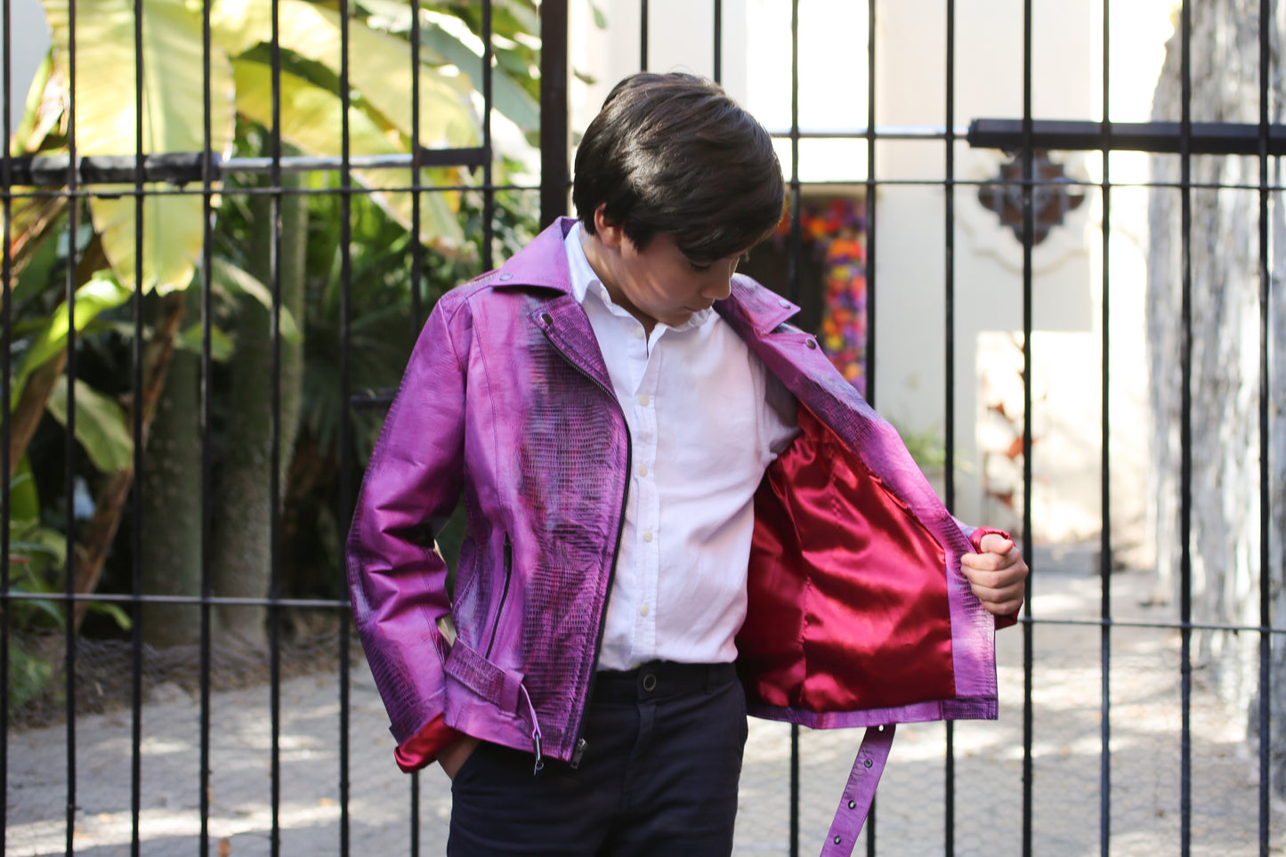 Ultra Violet Embossed Leather Moto Jacket – Glossy Lizard Texture san francisco