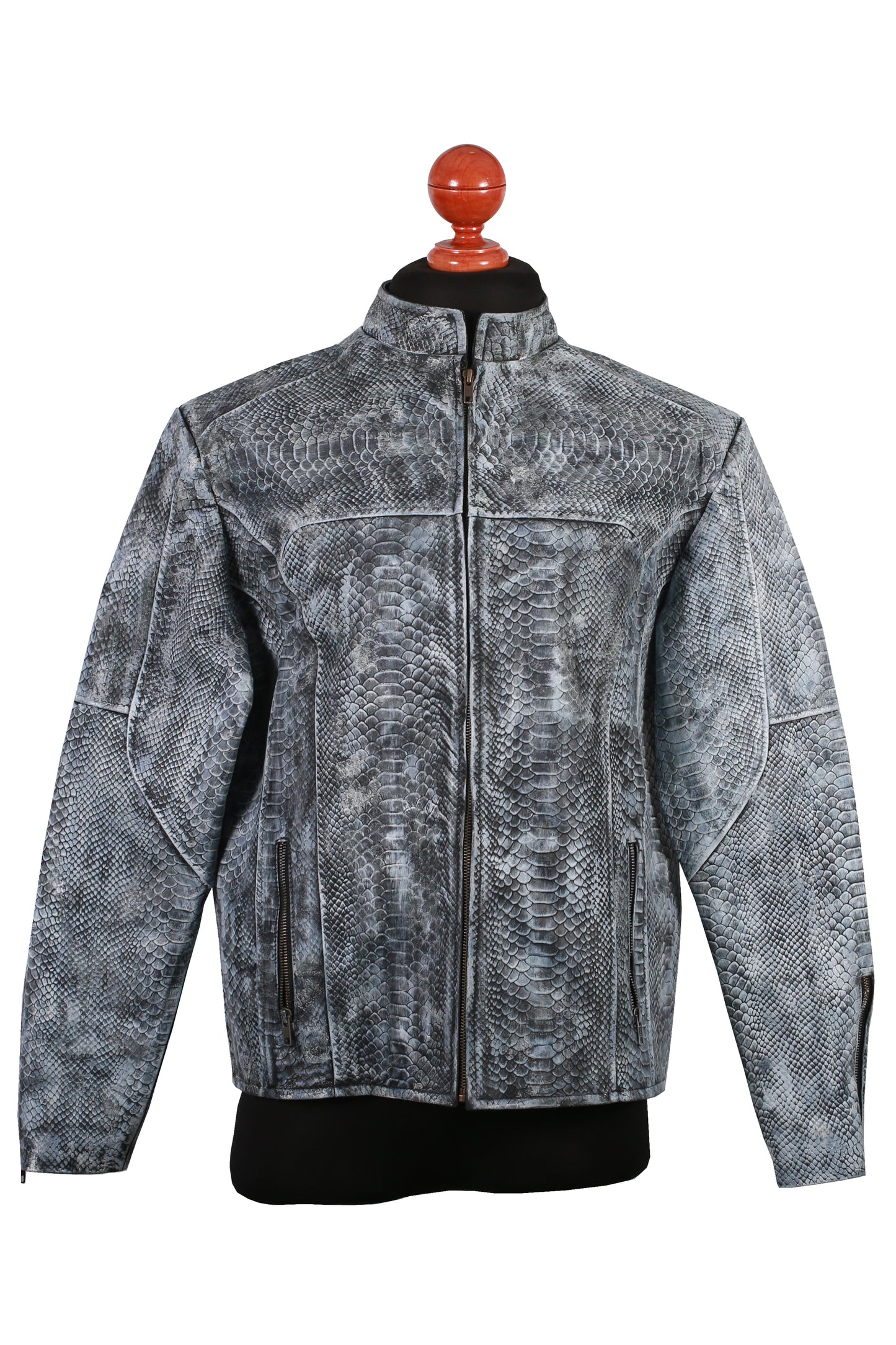 Unique Wash Gray Snake-Embossed Leather Jacket – Artisan Hand-Colored Finish