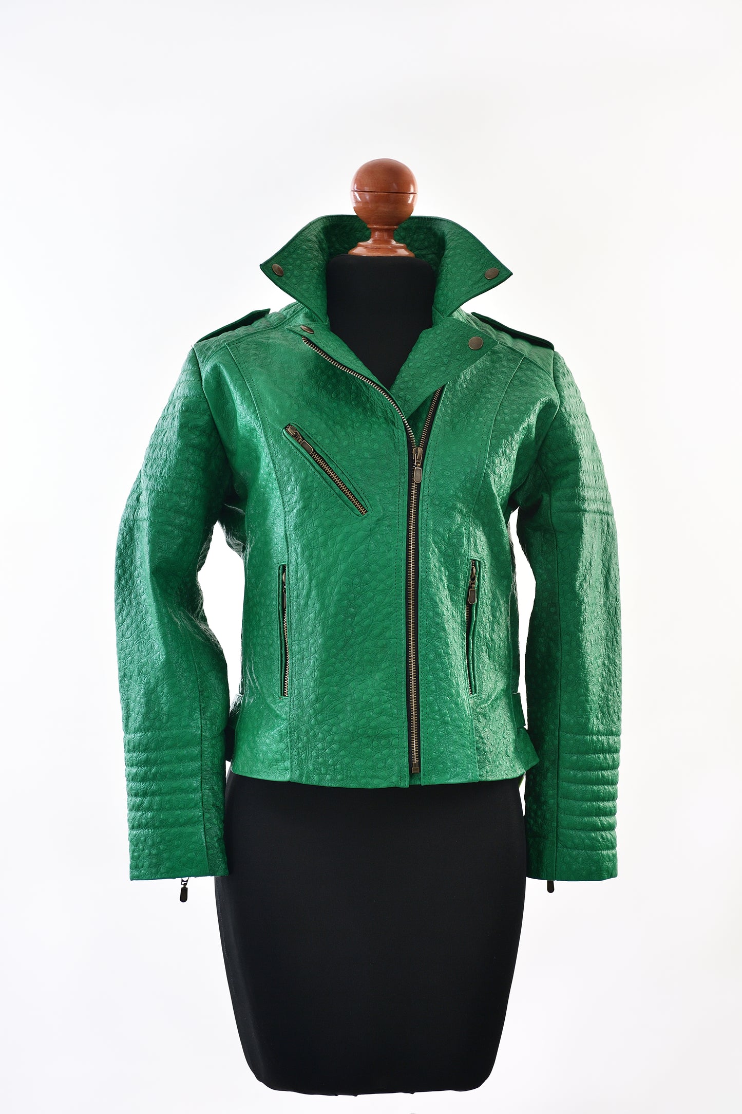 Vibrant Green Ostrich-Embossed Leather Biker Jacket