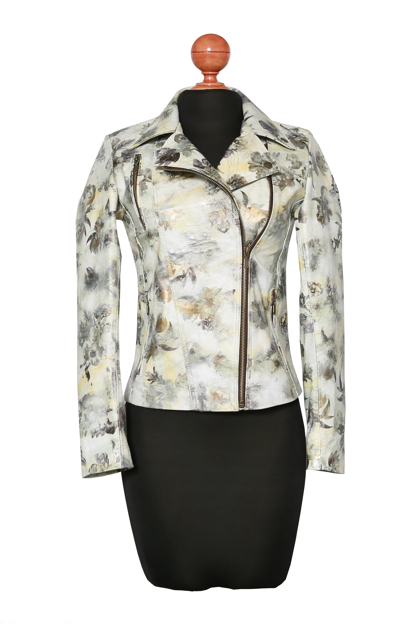 Vintage-Inspired Floral Leather Jacket – Artistic Print with Washed Finish