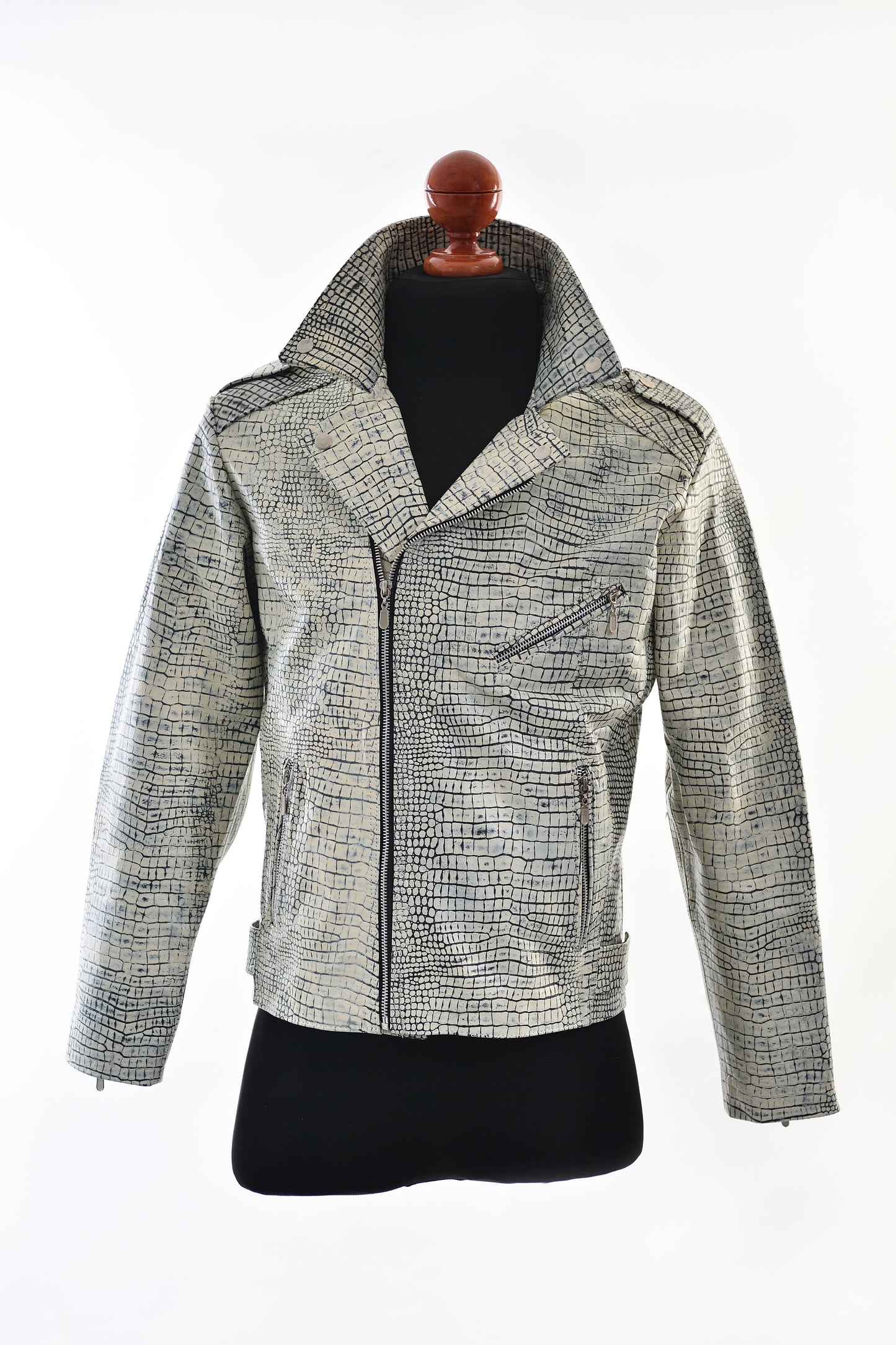 White Stone Crocodile Print Leather Jacket for Men