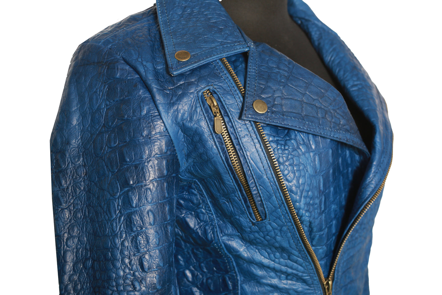 blue crocodile womens Embossed Leather Jacket