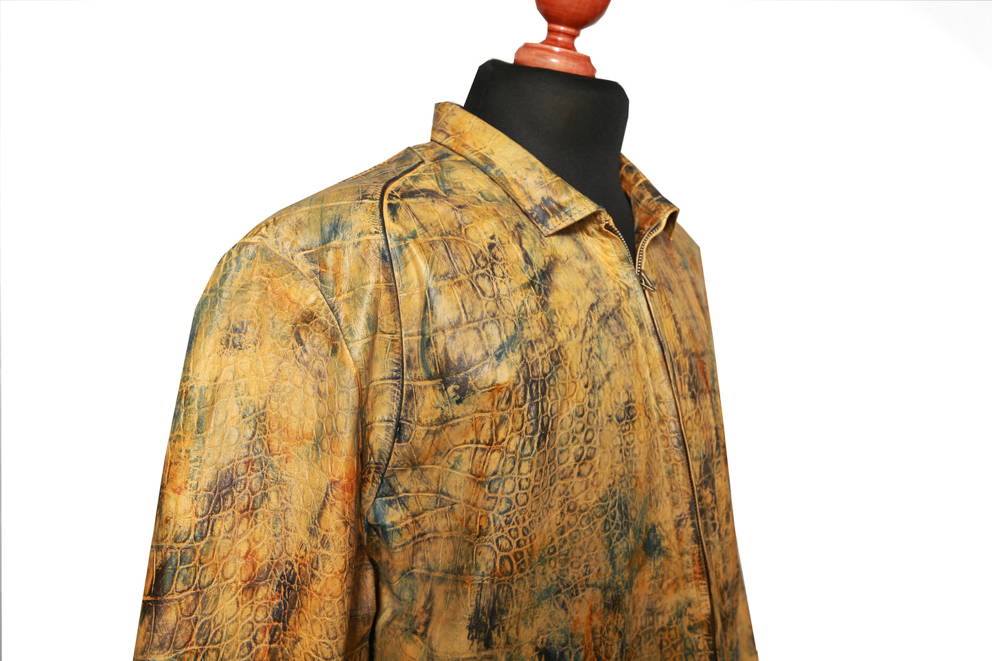 Golden Reptile Leather Bomber Jacket for Men shown at a 45-degree angle highlighting detailed embossed texture