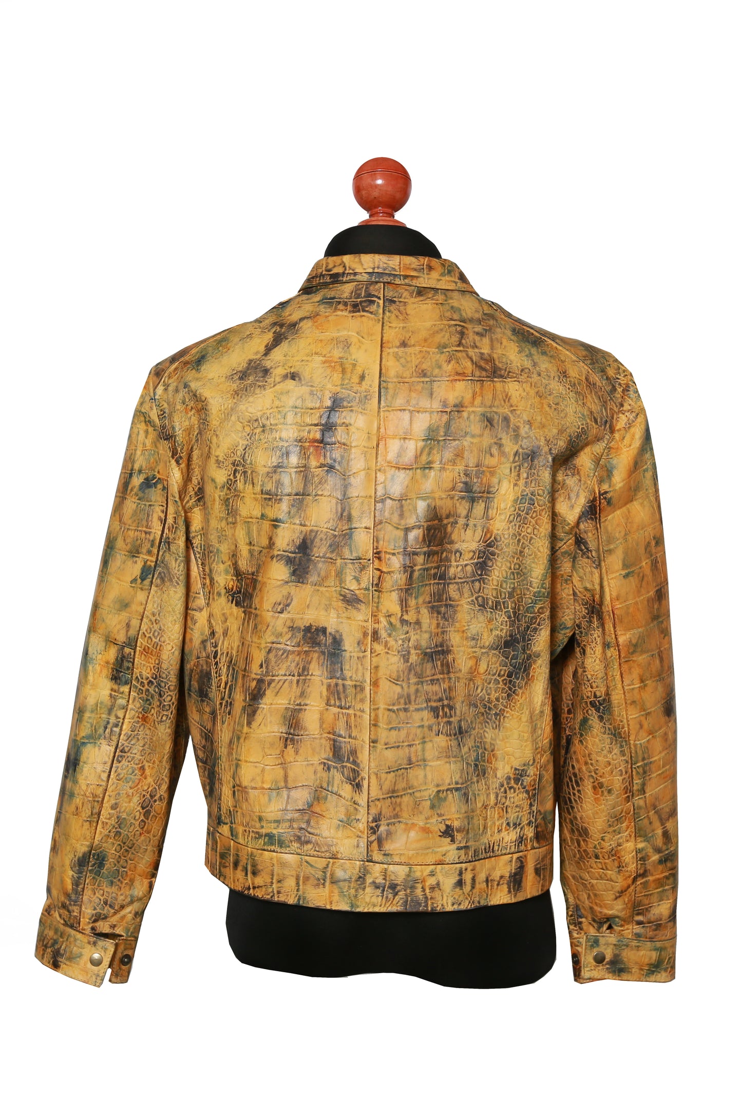 Golden Reptile Leather Bomber Jacket for Men rear panel showcasing full reptile embossing and tailored cut