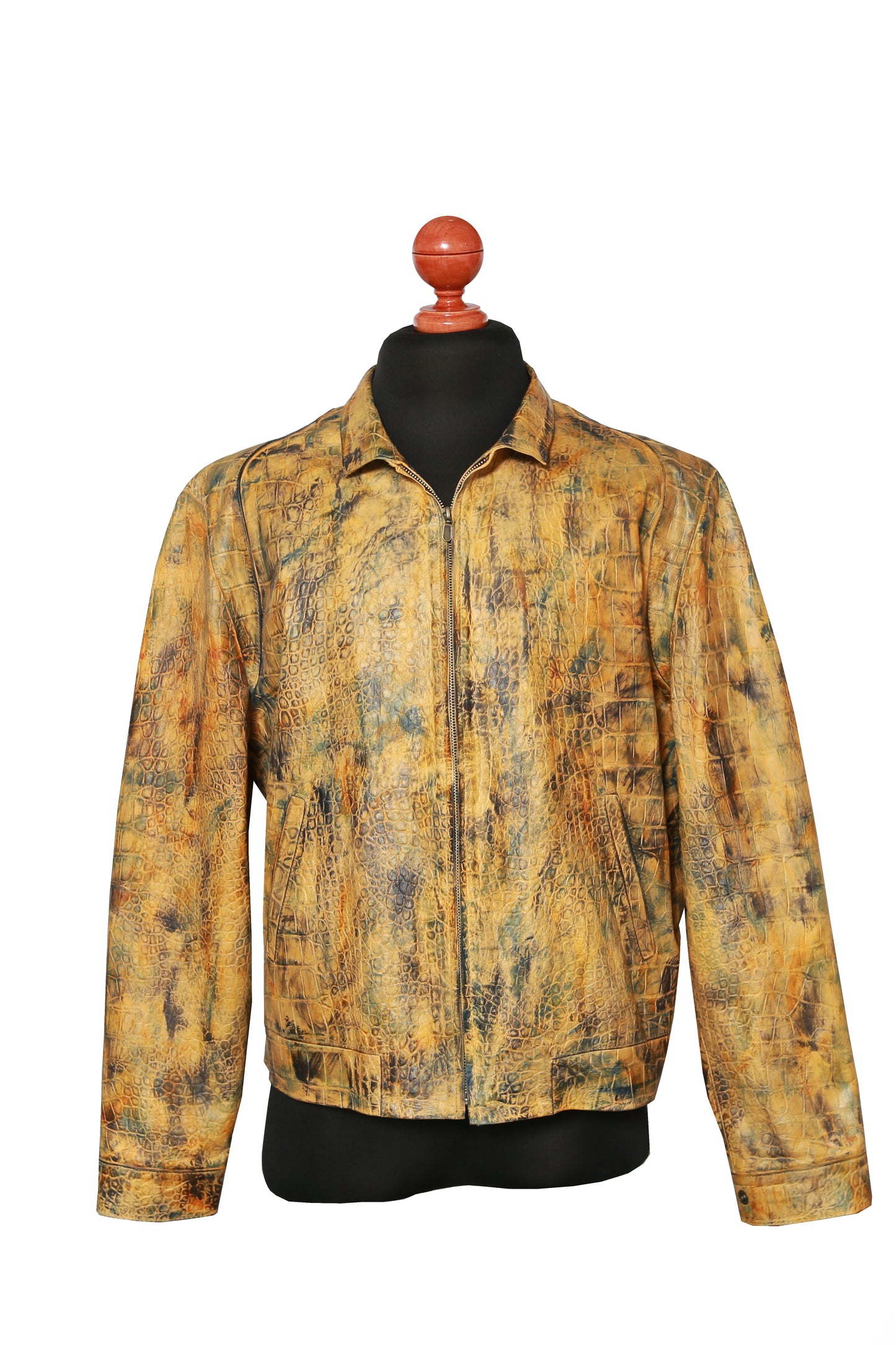 Golden Reptile Leather Bomber Jacket for Men with front zipper and reptile texture in rich ochre finish