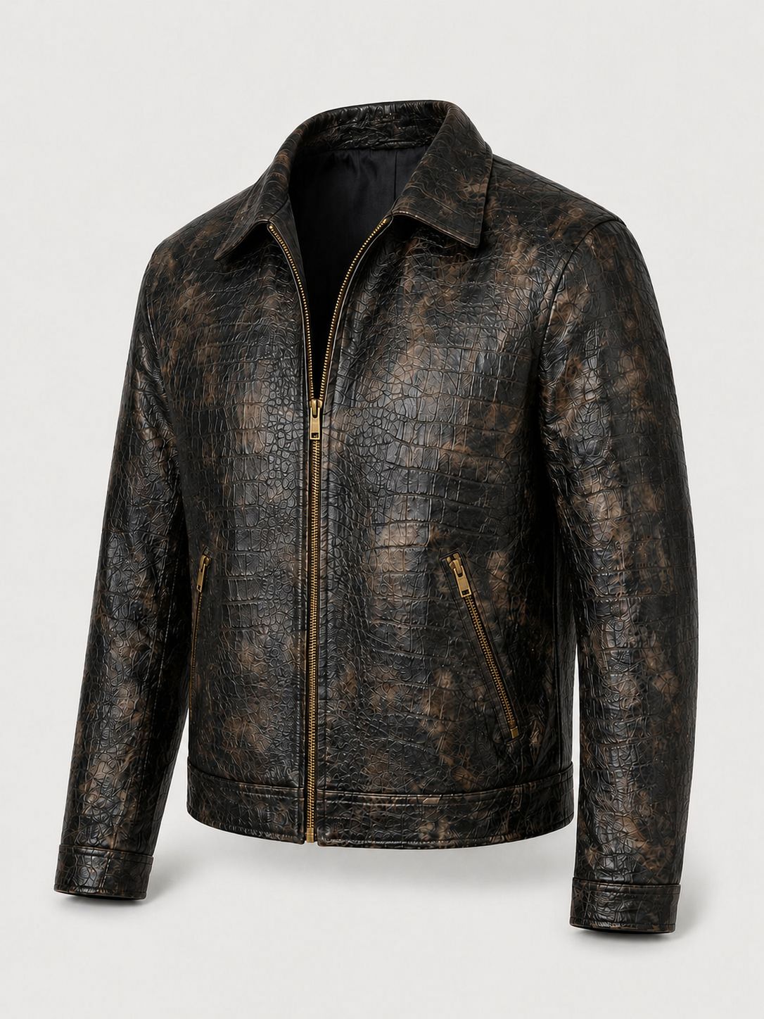 Men's Distressed Croc-Embossed Leather Moto Jacket β Dark Bronze