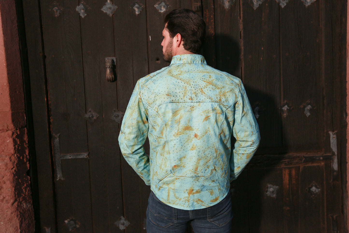 mens Aqua Sky Ostrich Leather Jacket houston