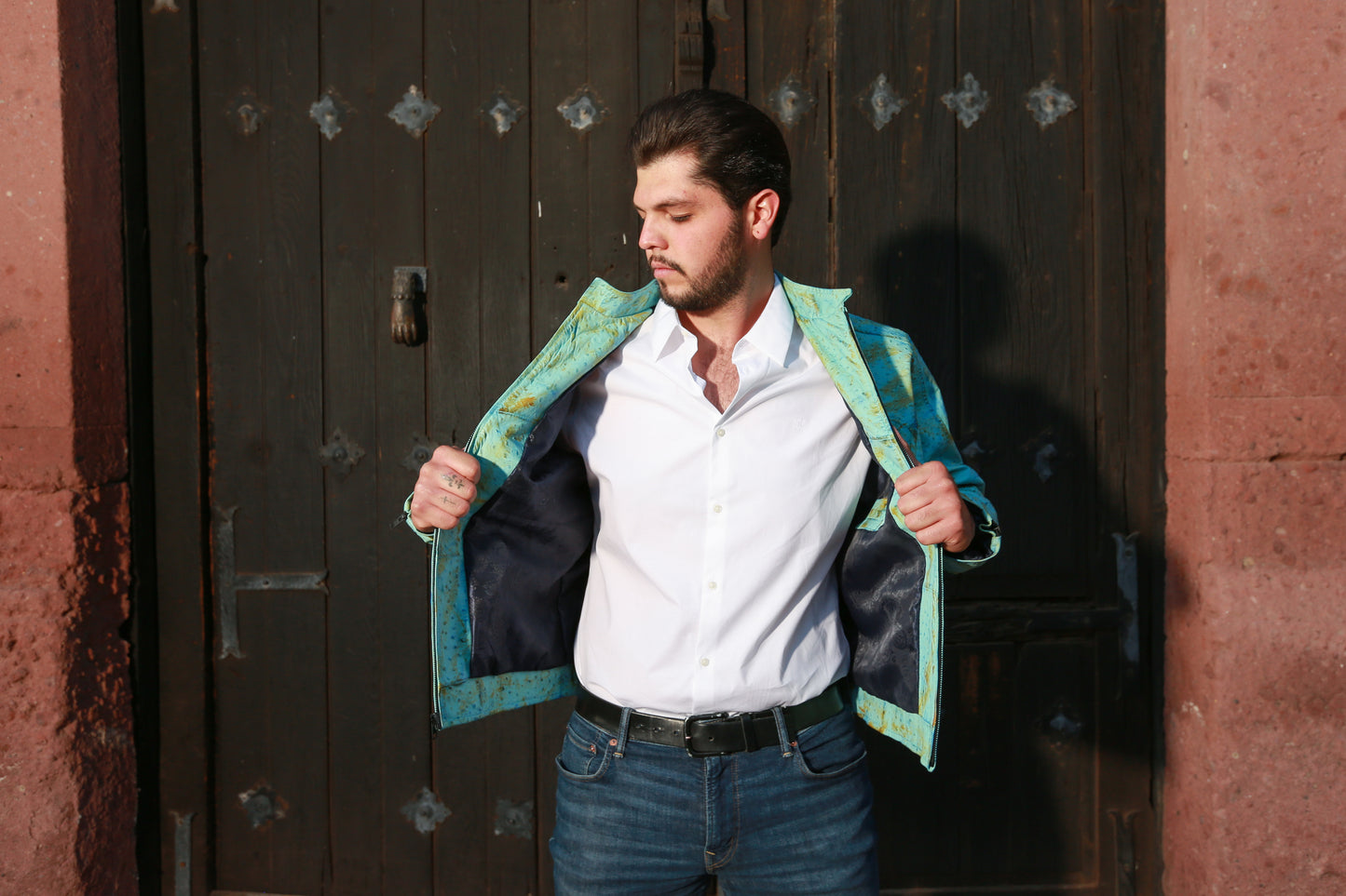mens Aqua Sky Ostrich Leather Jacket san francisco
