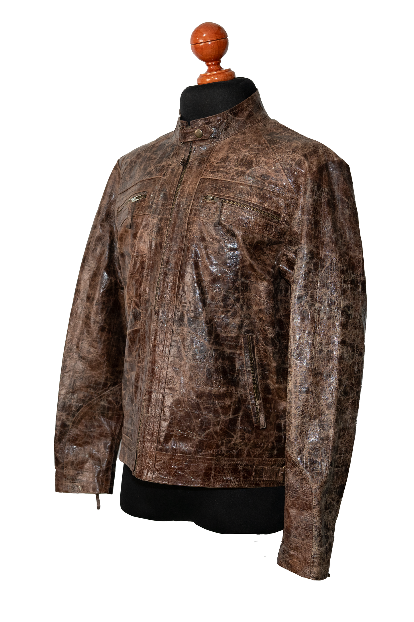 mens Burnished Effect Leather Rider Jacket – Gloss Brown