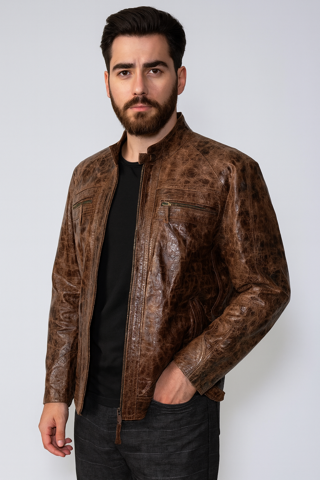 mens Burnished Effect Leather Rider Jacket – Gloss Brown denver