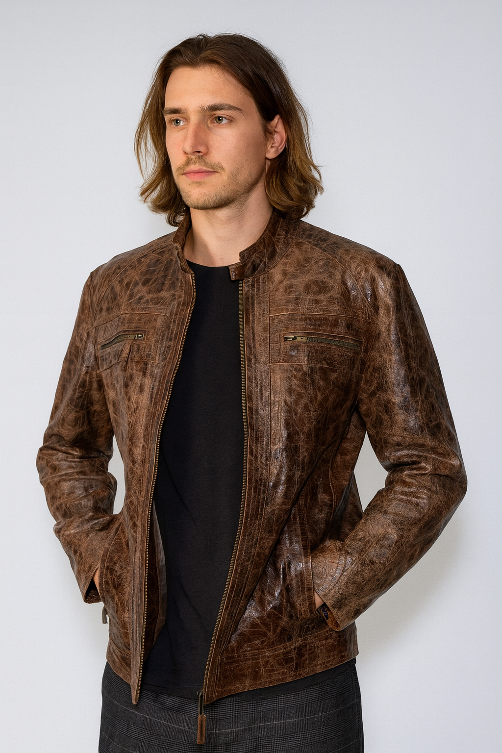 mens Burnished Effect Leather Rider Jacket – Gloss Brown new jersey