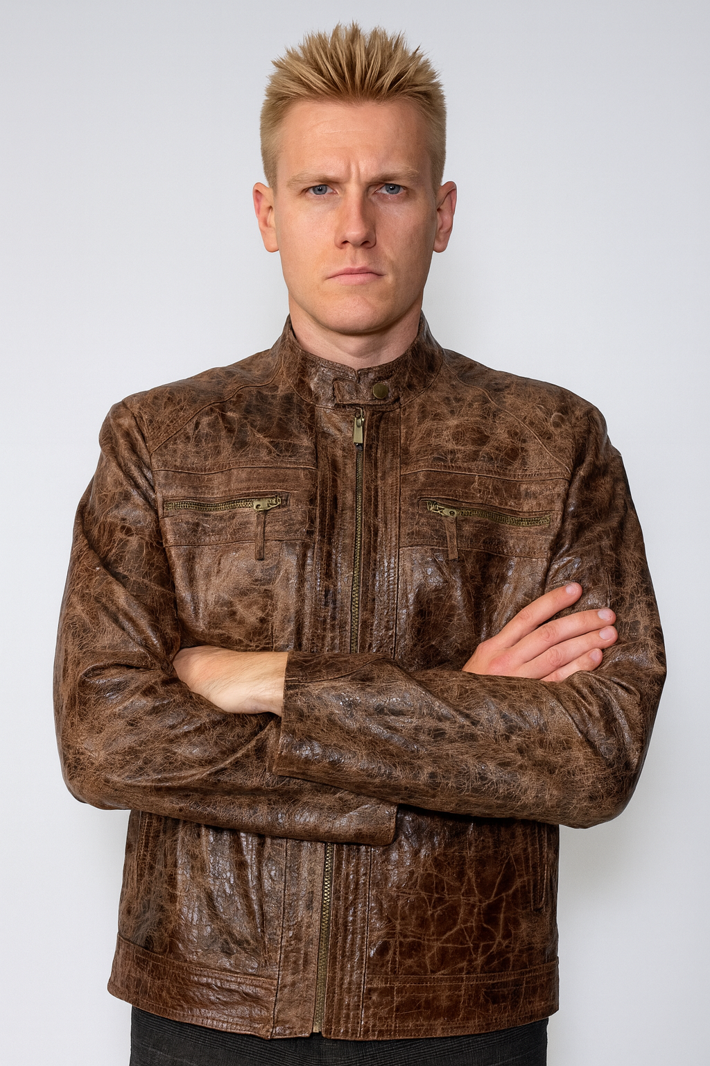 mens Burnished Effect Leather Rider Jacket – Gloss Brown oklahoma