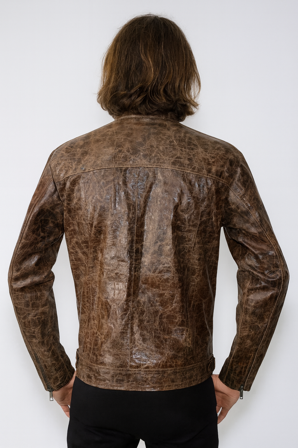 mens Burnished Effect Leather Rider Jacket – Gloss Brown philadelphia