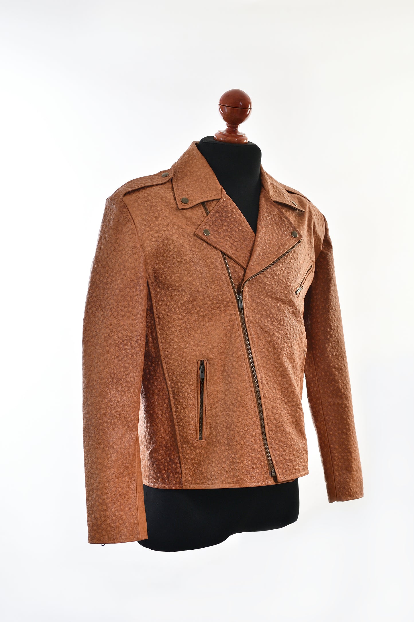 mens Cognac Ostrich-Textured Leather Moto Jacket
